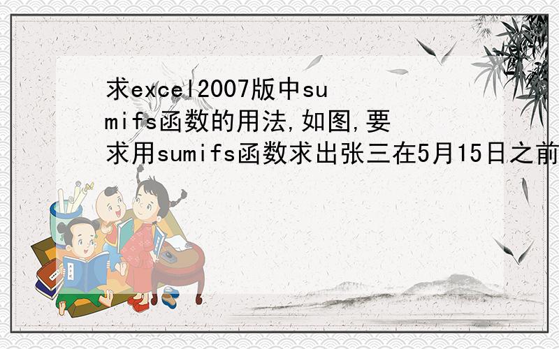 求excel2007版中sumifs函数的用法,如图,要求用sumifs函数求出张三在5月15日之前的数量、李四在7月1日之前的数量和王五在6月10日之前的数量,不要筛选之后再求和的笨方法,给出公式的时候最好有