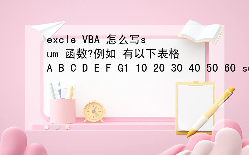 excle VBA 怎么写sum 函数?例如 有以下表格A B C D E F G1 10 20 30 40 50 60 sum（A1：F1）2 10 20 30 40 50 60 sum（A2：F2）3 10 20 30 40 50 60 sum（A3：F3） 一共有多少行是动态的 从别的地方读过来的 要在G那个单