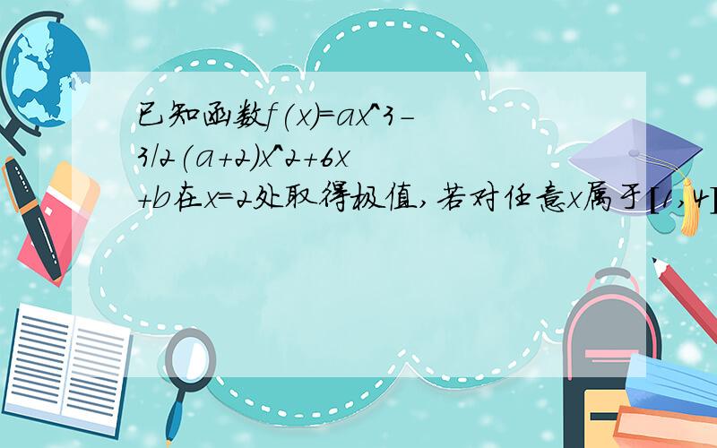 已知函数f(x)=ax^3-3/2(a+2)x^2+6x+b在x=2处取得极值,若对任意x属于[1,4],不等式f(x)