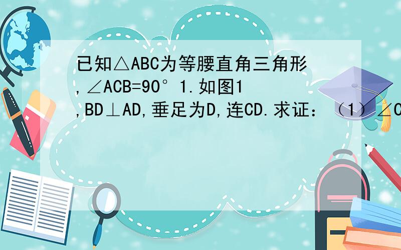 已知△ABC为等腰直角三角形,∠ACB=90°1.如图1,BD⊥AD,垂足为D,连CD.求证：（1）∠CDA=45°；（2）AD-BD=根号2倍CD.2.在图1中，若∠CDB=135°，求证AD⊥BD.