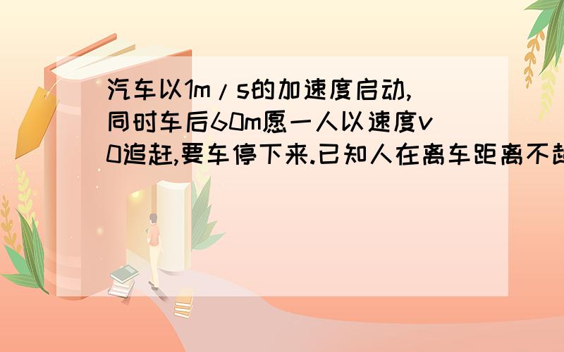 汽车以1m/s的加速度启动,同时车后60m愿一人以速度v0追赶,要车停下来.已知人在离车距离不超过20m、且持续时间为2s喊停车,才能把信息传给司机,问：（1）v0至少多大?（2）如果以v0=10m/s的速度