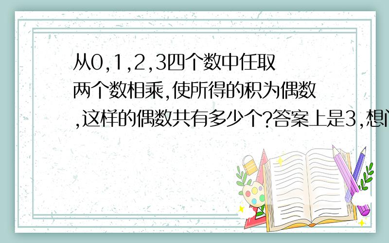 从0,1,2,3四个数中任取两个数相乘,使所得的积为偶数,这样的偶数共有多少个?答案上是3,想问一下过程.PS.用两个基本计数原理来解