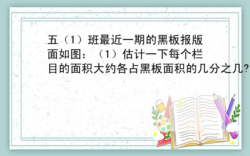 五（1）班最近一期的黑板报版面如图：（1）估计一下每个栏目的面积大约各占黑板面积的几分之几?（2）“艺术园地”面积比“科学天地”面积大约少占黑板面积的几分之几?（3）自己提出