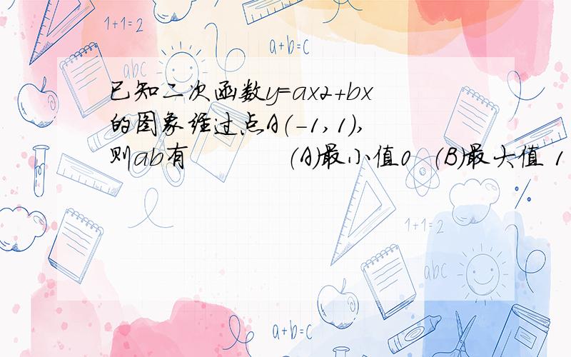 已知二次函数y=ax2+bx的图象经过点A（-1,1）,则ab有           （A）最小值0  （B）最大值 1  （C）最大值2  （D）有最小值-0.25