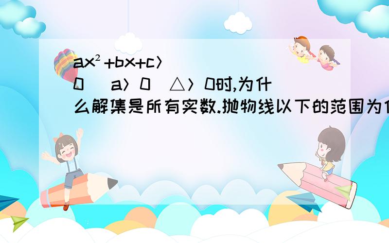 ax²+bx+c＞0 （a＞0）△＞0时,为什么解集是所有实数.抛物线以下的范围为什么可以包括在解集里我觉得解集 应该去掉图中粉色区域啊