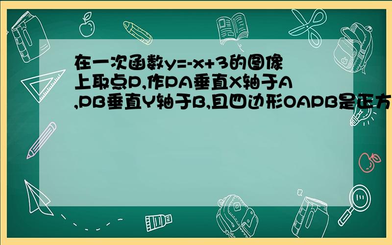 在一次函数y=-x+3的图像上取点P,作PA垂直X轴于A,PB垂直Y轴于B,且四边形OAPB是正方形,则此时P坐标