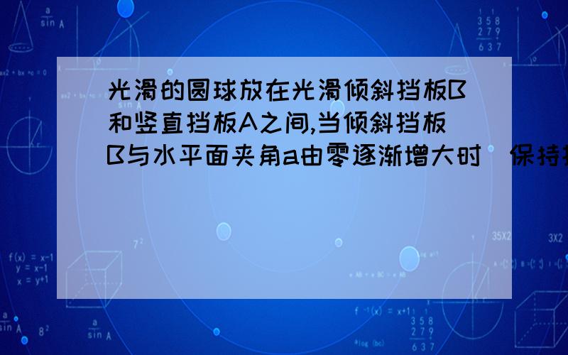 光滑的圆球放在光滑倾斜挡板B和竖直挡板A之间,当倾斜挡板B与水平面夹角a由零逐渐增大时(保持挡板A竖直),挡板A,B对圆球的弹力大小的变化是?A.挡板B的弹力由零逐渐变大B.挡板B的弹力mg逐渐