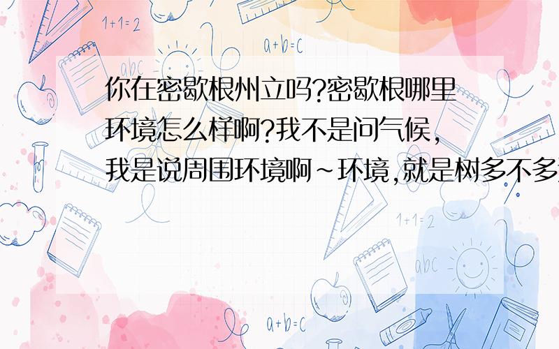 你在密歇根州立吗?密歇根哪里环境怎么样啊?我不是问气候,我是说周围环境啊~环境,就是树多不多还有绿化之类的,有山吗?环境是挺安静的那种吗?