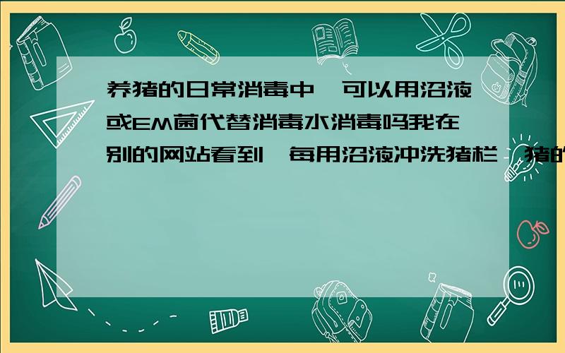 养猪的日常消毒中,可以用沼液或EM菌代替消毒水消毒吗我在别的网站看到,每用沼液冲洗猪栏,猪的一生只做例行免疫外,别的什么抗生素都不需要了