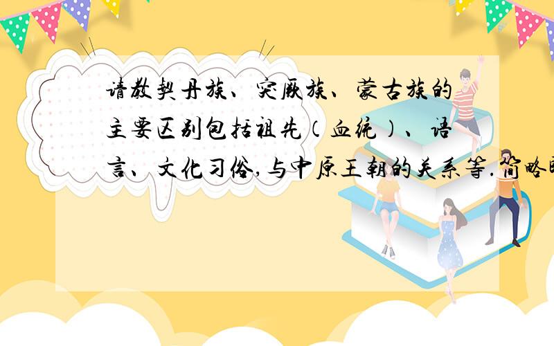 请教契丹族、突厥族、蒙古族的主要区别包括祖先（血统）、语言、文化习俗,与中原王朝的关系等.简略即可 但须准确.谢先对了还有主要的居住地域