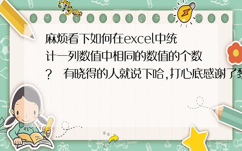 麻烦看下如何在excel中统计一列数值中相同的数值的个数?　有晓得的人就说下哈,打心底感谢了黎0