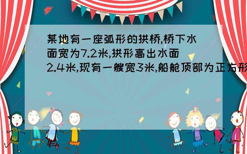 某地有一座弧形的拱桥,桥下水面宽为7.2米,拱形高出水面2.4米,现有一艘宽3米,船舱顶部为正方形并高出水面2米的货船要经过这里,此时货船能顺利通过这座拱桥吗?请说明理由.