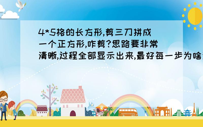 4*5格的长方形,剪三刀拼成一个正方形,咋剪?思路要非常清晰,过程全部显示出来,最好每一步为啥这样能写出来.再过几天要开学了!要求剪三刀，并且拼成一个正方形没有剩余