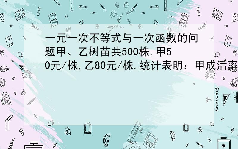 一元一次不等式与一次函数的问题甲、乙树苗共500株,甲50元/株,乙80元/株.统计表明：甲成活率为90%,乙成活率为95%.（1）若购买树苗的钱3不超过34000元,应如何选购树苗?（2）若希望这批树苗的