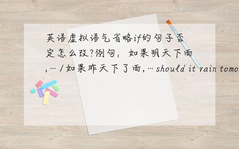 英语虚拟语气省略if的句子否定怎么改?例句：如果明天下雨,…/如果昨天下了雨,…should it rain tomorrow /were it to rain tomorrow /had it rained yesterday现改成：如果明天不下雨/如果昨天没下雨试问在哪