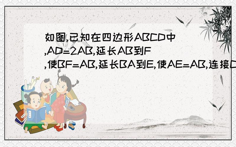 如图,已知在四边形ABCD中,AD=2AB,延长AB到F,使BF=AB,延长BA到E,使AE=AB,连接CE和DF,交AD、BC于G、H.求证CE⊥DF.