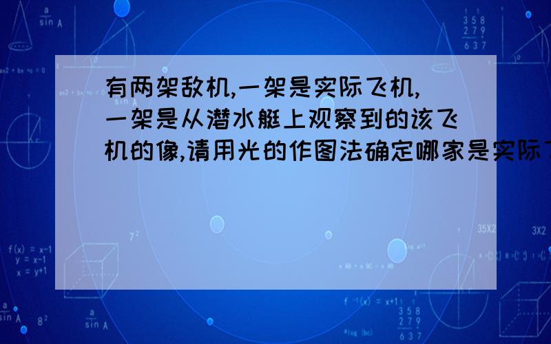 有两架敌机,一架是实际飞机,一架是从潜水艇上观察到的该飞机的像,请用光的作图法确定哪家是实际飞机.