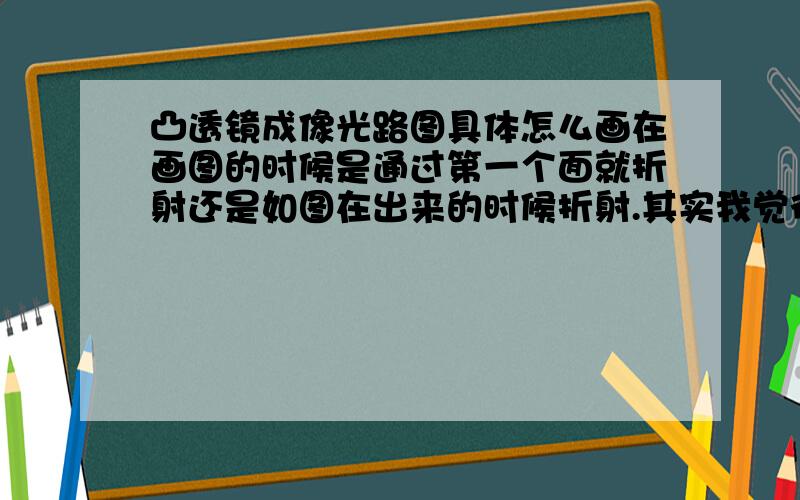 凸透镜成像光路图具体怎么画在画图的时候是通过第一个面就折射还是如图在出来的时候折射.其实我觉得是两个接触面不同介质之间都要折射,就是不知道在画图的时候一般是怎么画的、