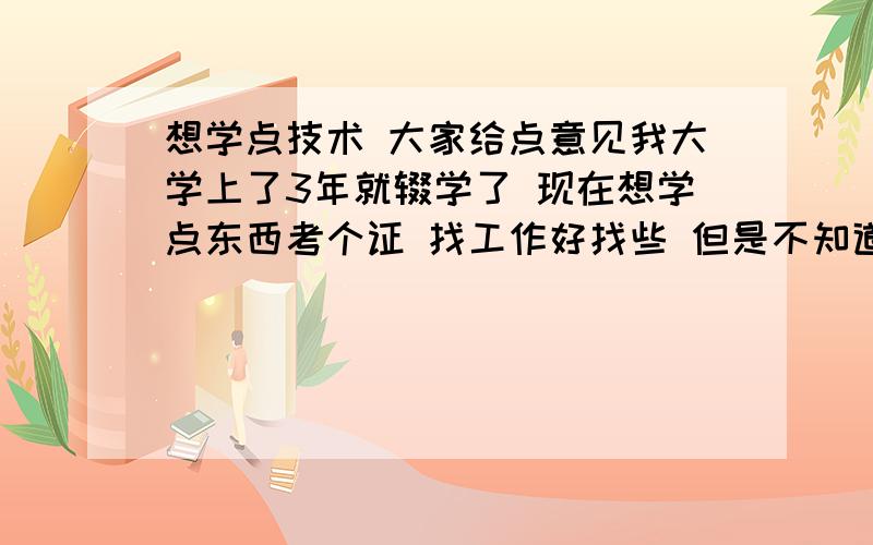 想学点技术 大家给点意见我大学上了3年就辍学了 现在想学点东西考个证 找工作好找些 但是不知道想学什么 希望你们能给点意