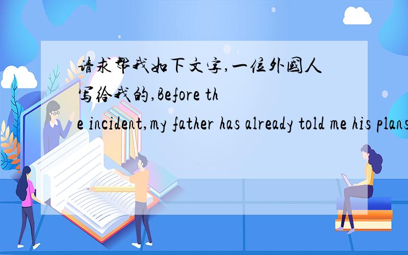 请求帮我如下文字,一位外国人写给我的,Before the incident,my father has already told me his plans for me on how he made me to be his next of kin as the only daughter.He later took me to his lawyer and introduce me to the lawyer.lt was