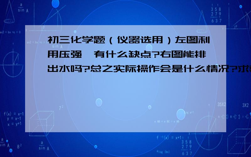 初三化学题（仪器选用）左图利用压强,有什么缺点?右图能排出水吗?总之实际操作会是什么情况?求教大虾.A． B． C． D．