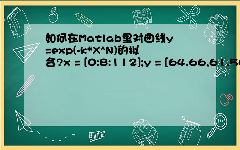 如何在Matlab里对曲线y=exp(-k*X^N)的拟合?x = [0:8:112];y = [64.66,61.56,58.59,50.42,48.56,45.83,42.61,40.01,37.16,34.99,33.14,31.71,30.60,29.98,29.17];数据y=[1 0.95210728 0.906130268 0.779693487 0.75095785 0.708812 0.659004 0.618774 0.5747