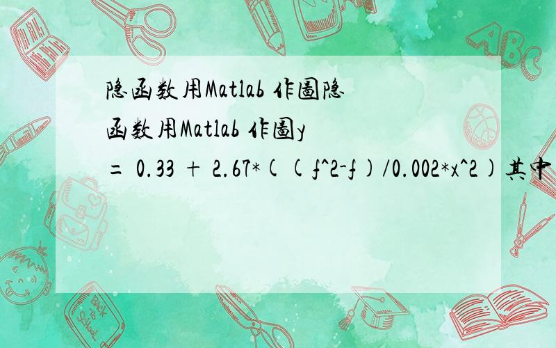 隐函数用Matlab 作图隐函数用Matlab 作图y = 0.33 + 2.67*((f^2-f)/0.002*x^2)其中 f = 1 + 0.002*x^2/((f-2*x)(f+x))请给出matlab 程序!最近一直都在研究这个问题,解决不了,