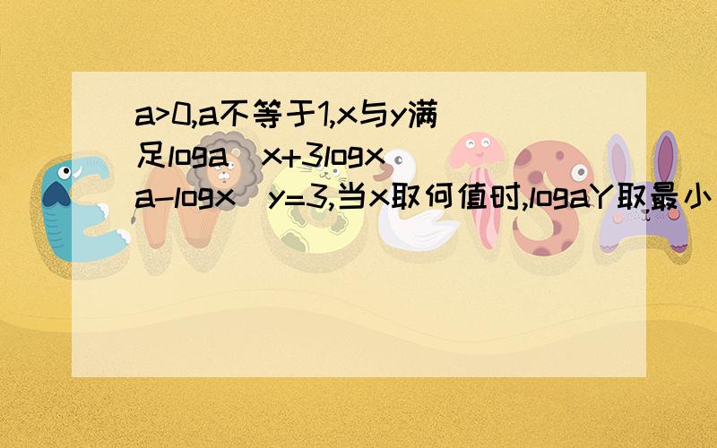 a>0,a不等于1,x与y满足loga^x+3logx^a-logx^y=3,当x取何值时,logaY取最小值大哥大姐们帮帮忙啊,先谢过了loga^x表示以a为底的对数,logaY表示aY的对