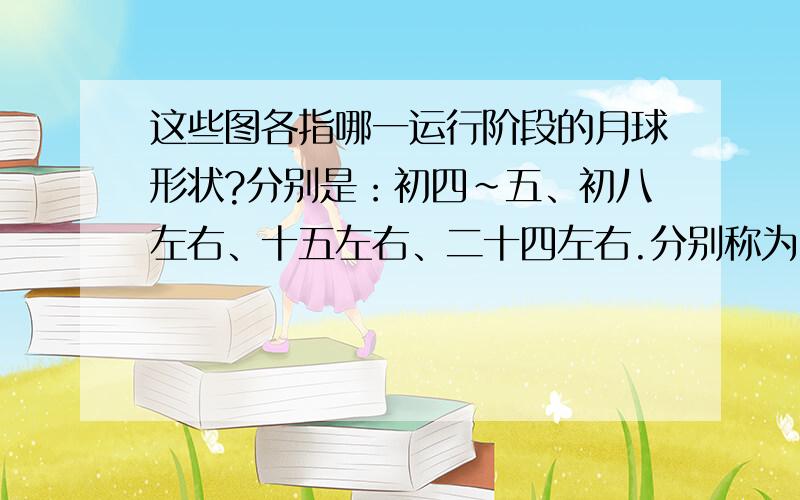 这些图各指哪一运行阶段的月球形状?分别是：初四~五、初八左右、十五左右、二十四左右.分别称为：新月、上弦月、满月、下弦月.分别称为：朔、望.