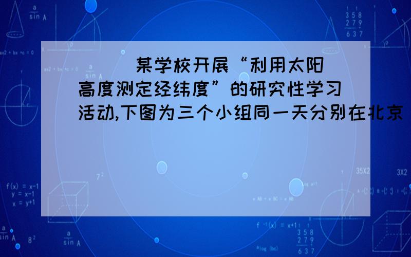 [ ] 某学校开展“利用太阳高度测定经纬度”的研究性学习活动,下图为三个小组同一天分别在北京（40°N,116°E）以及另外两地观测的太阳高度曲线图,他们利用该图及北京的经纬度推算出另外