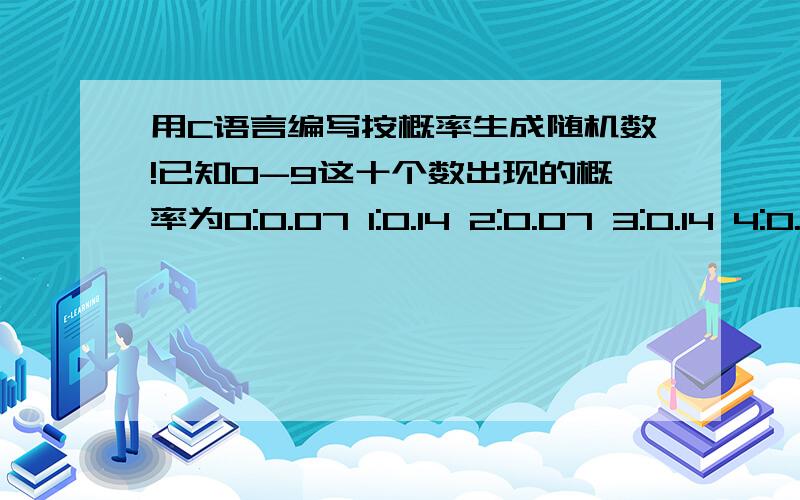 用C语言编写按概率生成随机数!已知0-9这十个数出现的概率为0:0.07 1:0.14 2:0.07 3:0.14 4:0.1 5:0.1 6:0.8 7:0.9 8:0.13 9:0.8用C语言编写生成0-9中随机数,只要生成一个即可!一定要用C语言写!