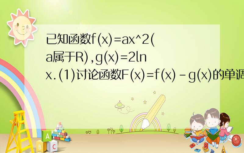 已知函数f(x)=ax^2(a属于R),g(x)=2lnx.(1)讨论函数F(x)=f(x)-g(x)的单调性.(2)若方程f(x)=g(x)在区间[根号2,e]上有两个不相等的实数根,求a的取值范围.