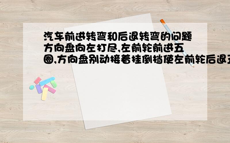 汽车前进转弯和后退转弯的问题方向盘向左打尽,左前轮前进五圈,方向盘别动接着挂倒档使左前轮后退五圈.请问严格来讲,此时四个轮子的位置和刚开始的时候完全一样吗?或者这样问,车身有