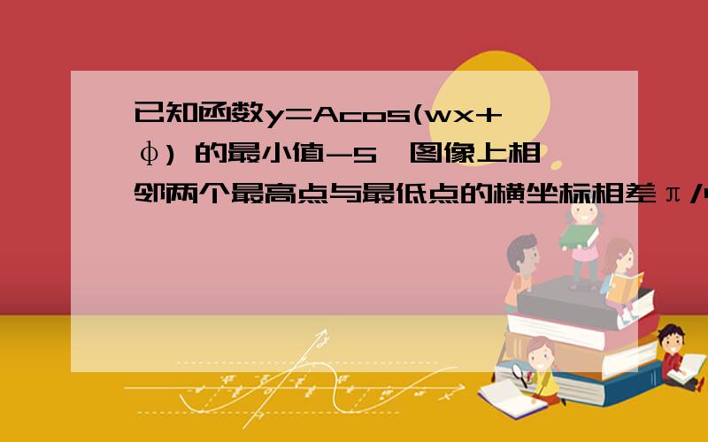 已知函数y=Acos(wx+φ) 的最小值-5,图像上相邻两个最高点与最低点的横坐标相差π/4,且图像经过（0,-5/2）,这个函数的解析式2.已知函数y=Asin(wx+φ) +B（A>0,w>0,绝对值φ