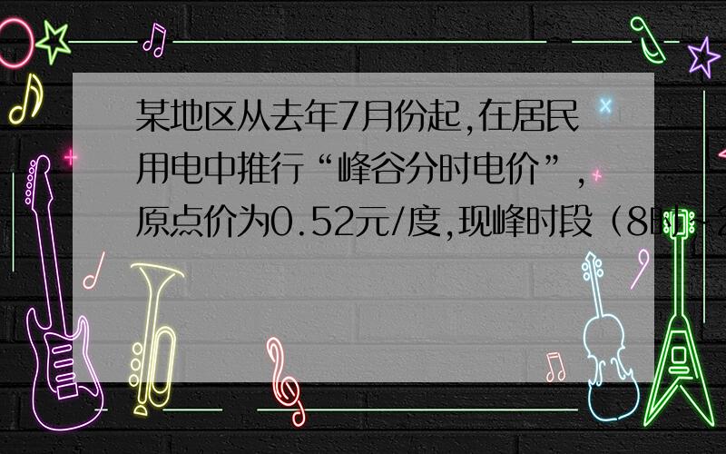 某地区从去年7月份起,在居民用电中推行“峰谷分时电价”,原点价为0.52元/度,现峰时段（8时～21时)电价为0.55元/度,谷时段（21时～次日8时）电价为0.30元/度,该地区某户居民7月份各时段的用