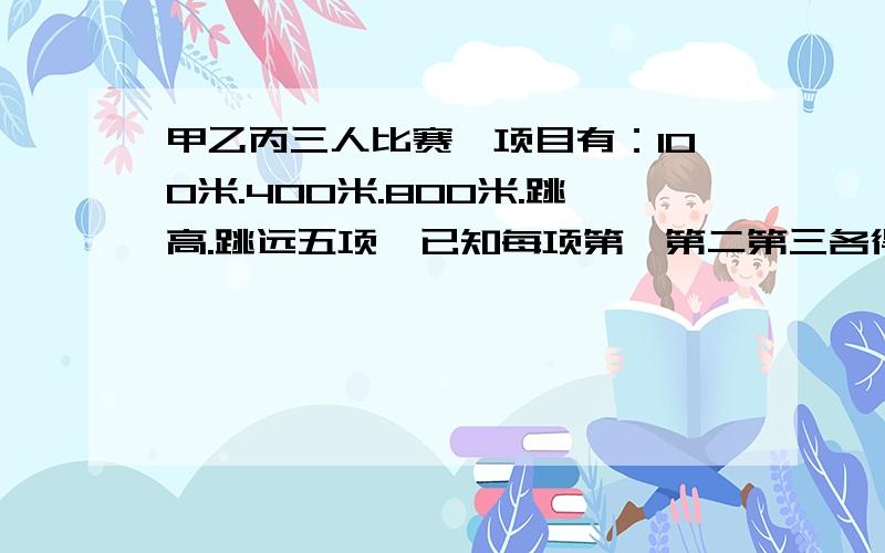 甲乙丙三人比赛,项目有：100米.400米.800米.跳高.跳远五项,已知每项第一第二第三各得5分.2分.1分;乙800米得第一,赛后,每人得分甲22分,乙丙各得9分.三人在五项比赛中各得什么名次?