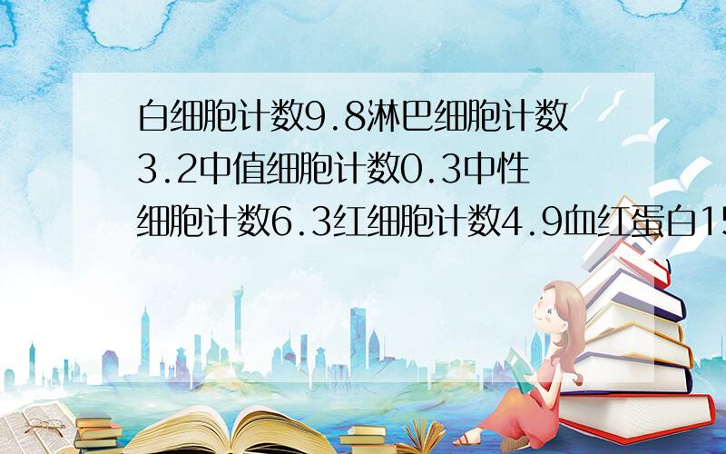 白细胞计数9.8淋巴细胞计数3.2中值细胞计数0.3中性细胞计数6.3红细胞计数4.9血红蛋白153红细胞平均宽度14