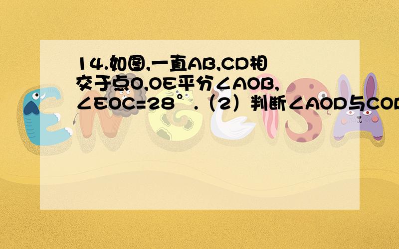 14.如图,一直AB,CD相交于点O,OE平分∠AOB,∠EOC=28°.（2）判断∠AOD与COB的大小关系,并说明理由.∠AOD=∠COB,因为...（不知如何写理由,帮下忙）