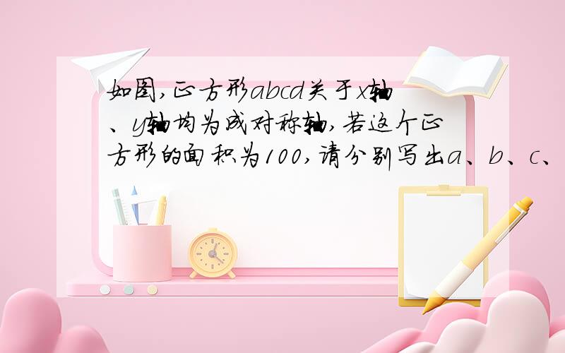 如图,正方形abcd关于x轴、y轴均为成对称轴,若这个正方形的面积为100,请分别写出a、b、c、d的坐标.那个黑不溜秋的是箭头,请不要介意.