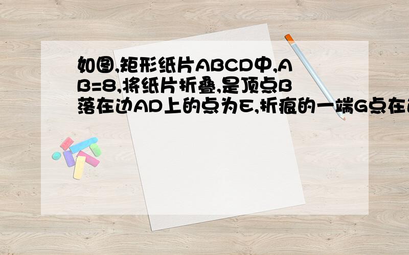 如图,矩形纸片ABCD中,AB=8,将纸片折叠,是顶点B落在边AD上的点为E,折痕的一端G点在边BC上（BG>GC)另一端F落在矩形的边上,BG=10.（1）请你在备用图画出满足条件的图形；（2）求出折痕GF的长.