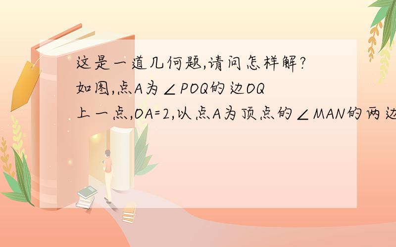 这是一道几何题,请问怎样解?如图,点A为∠POQ的边OQ上一点,OA=2,以点A为顶点的∠MAN的两边分别交射线OP于M,N两点,且∠MAN=∠POQ=60°.当∠MAN以点A为旋转中心,AM边从与OA重合的位置开始,按逆时针方