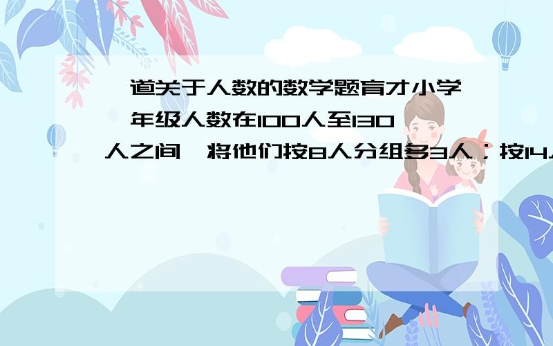 一道关于人数的数学题育才小学一年级人数在100人至130人之间,将他们按8人分组多3人；按14人分组多3人；按28人分组多3人.问一共有多少人?