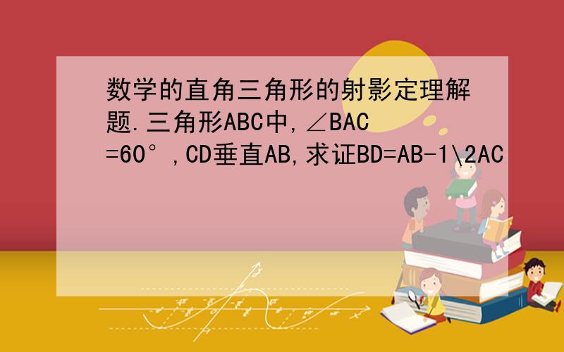 数学的直角三角形的射影定理解题.三角形ABC中,∠BAC=60°,CD垂直AB,求证BD=AB-1\2AC