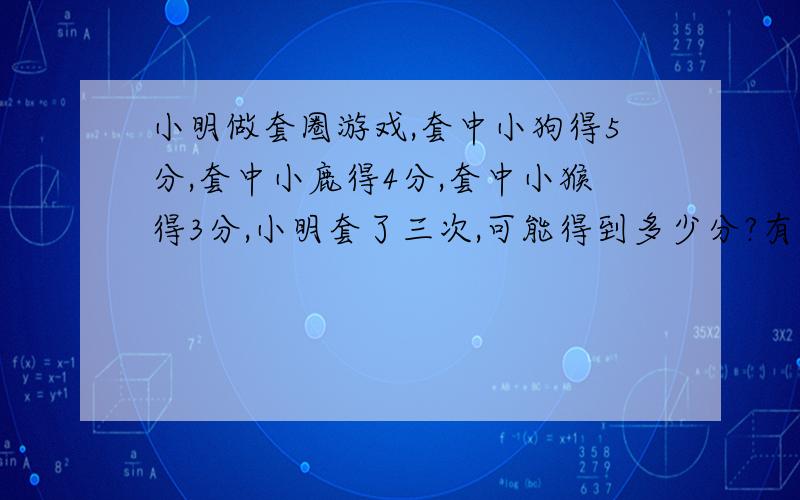 小明做套圈游戏,套中小狗得5分,套中小鹿得4分,套中小猴得3分,小明套了三次,可能得到多少分?有多少种不同的方法?（列表）