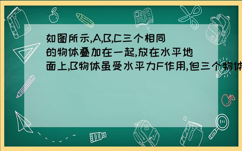 如图所示,A,B,C三个相同的物体叠加在一起,放在水平地面上,B物体虽受水平力F作用,但三个物体都没有运动请对A、B、C三个物体进行受力分析,要详细一点的,什么平衡条件什么的哪个跟哪个有什