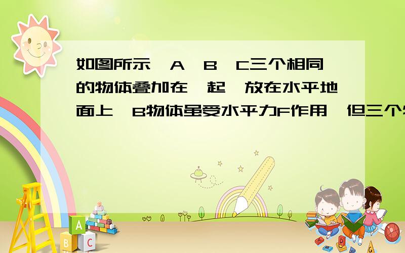 如图所示,A、B、C三个相同的物体叠加在一起,放在水平地面上,B物体虽受水平力F作用,但三个物体都没有运动,试确定A、B、C三个物体分别所受的摩擦力的大小和方向 注：A在B上,B在C上