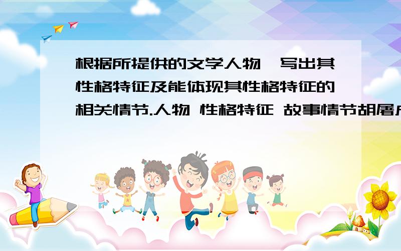 根据所提供的文学人物,写出其性格特征及能体现其性格特征的相关情节.人物 性格特征 故事情节胡屠户武松杨修孙悟空