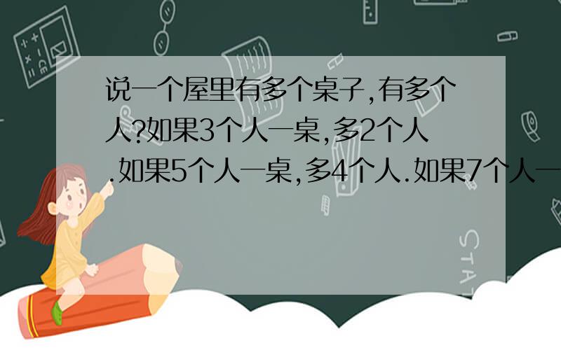 说一个屋里有多个桌子,有多个人?如果3个人一桌,多2个人.如果5个人一桌,多4个人.如果7个人一桌,多6人.如果9个人一桌,多8个人.如果11个人一桌,正好.请问这屋里多少人