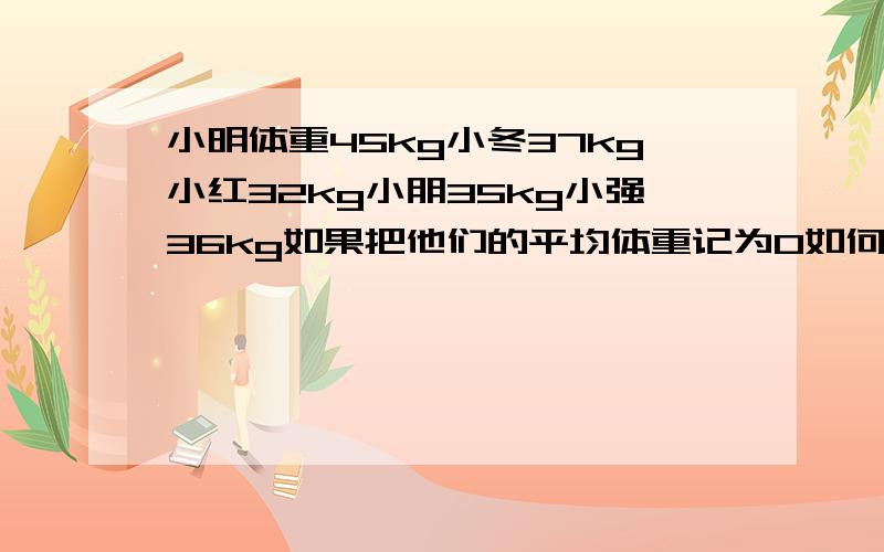 小明体重45kg小冬37kg小红32kg小朋35kg小强36kg如果把他们的平均体重记为0如何表示这5名同学的体重