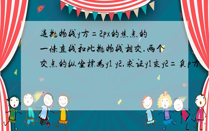 过抛物线y方=2px的焦点的一条直线和此抛物线相交,两个交点的纵坐标为y1 y2,求证y1乘y2=负p方